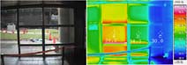 ＜さわってくらべて！＞展示箇所を、夏期にサーモカメラで撮影。シングルガラスは38℃、エコガラスは34℃の表面温度を示した。エコガラス右側の柱の陰になった青い部分は30℃で、直射日光が当たるか否かが大きく影響することがわかる（画像提供：三鷹市役所）